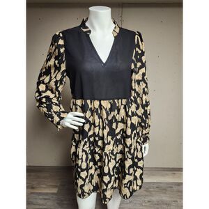 SHEIN Lune Graphic Leopard Print Smock Dress Black Tan V-Neck XL NWOT